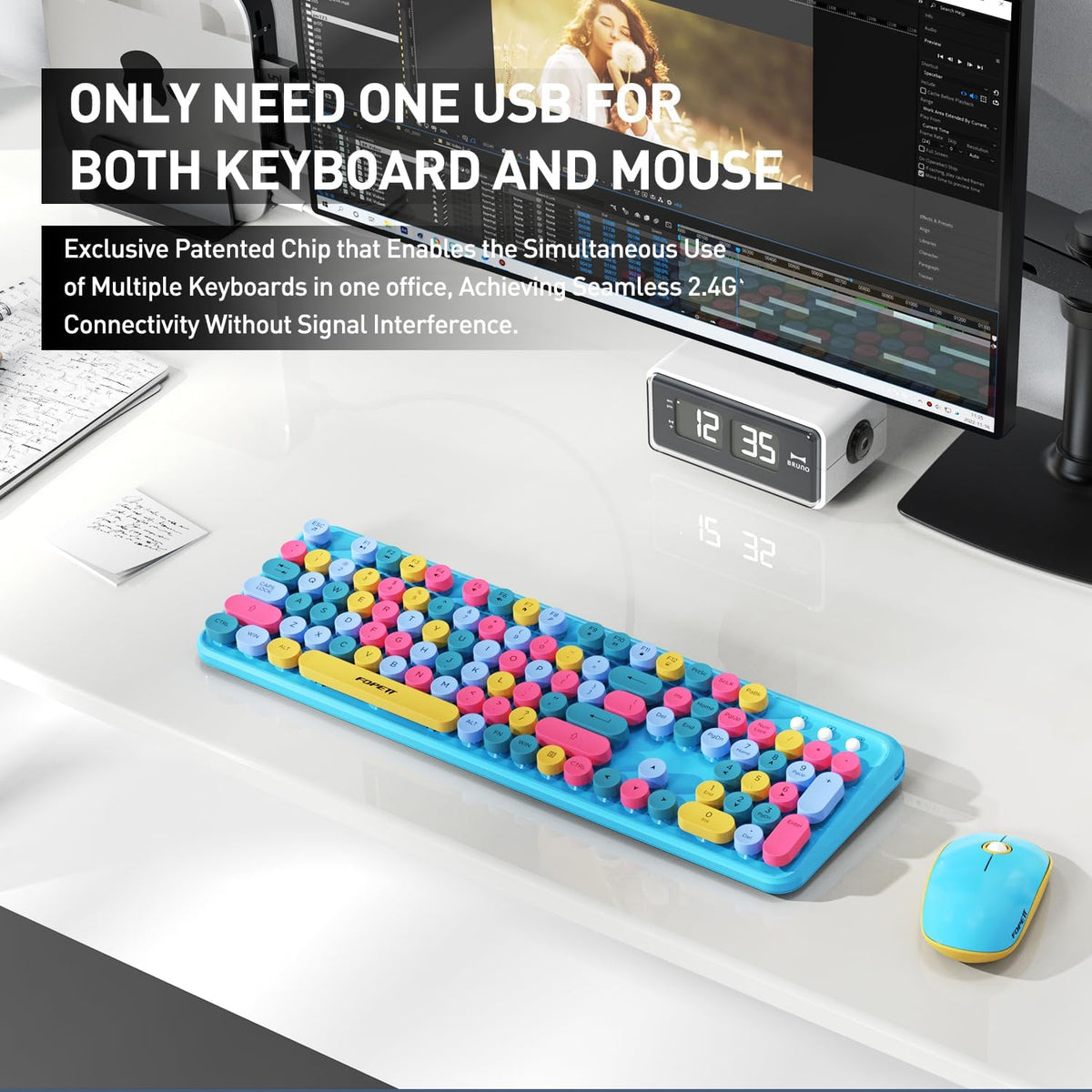 Colorful Wireless Keyboard Mouse Combo,Cute Round Keys,for PC Laptop,Blue