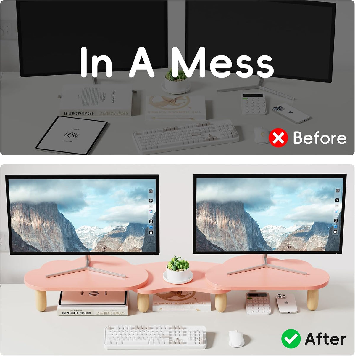 AFOOYO Dual Monitor Stand Riser, Adjustable Rainbow Cloud Desktop Organizer f...