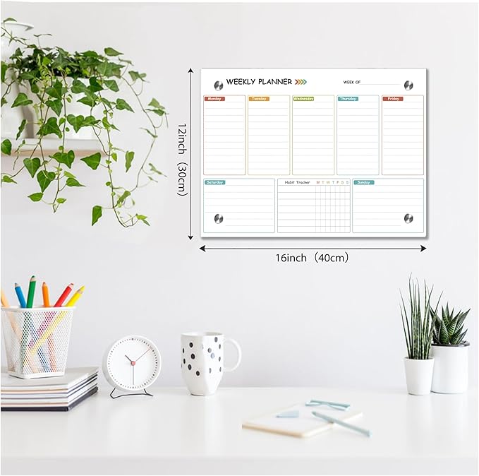 Glass Weekly Dry Erase Board for Wall 16"X 12", Colorful Weekly Calendar - Image 2
