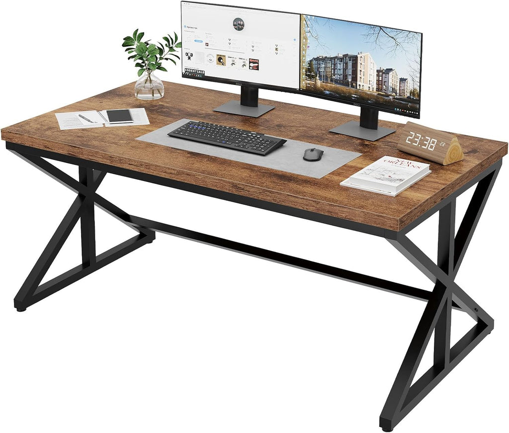 55” Computer Desk, Industrial Brown Home Office Desk Rustic Brown | Wooden Metal Executive Pc Computer Desk Table, Wood Student Gaming Study Computer Table for Bedroom Living Room