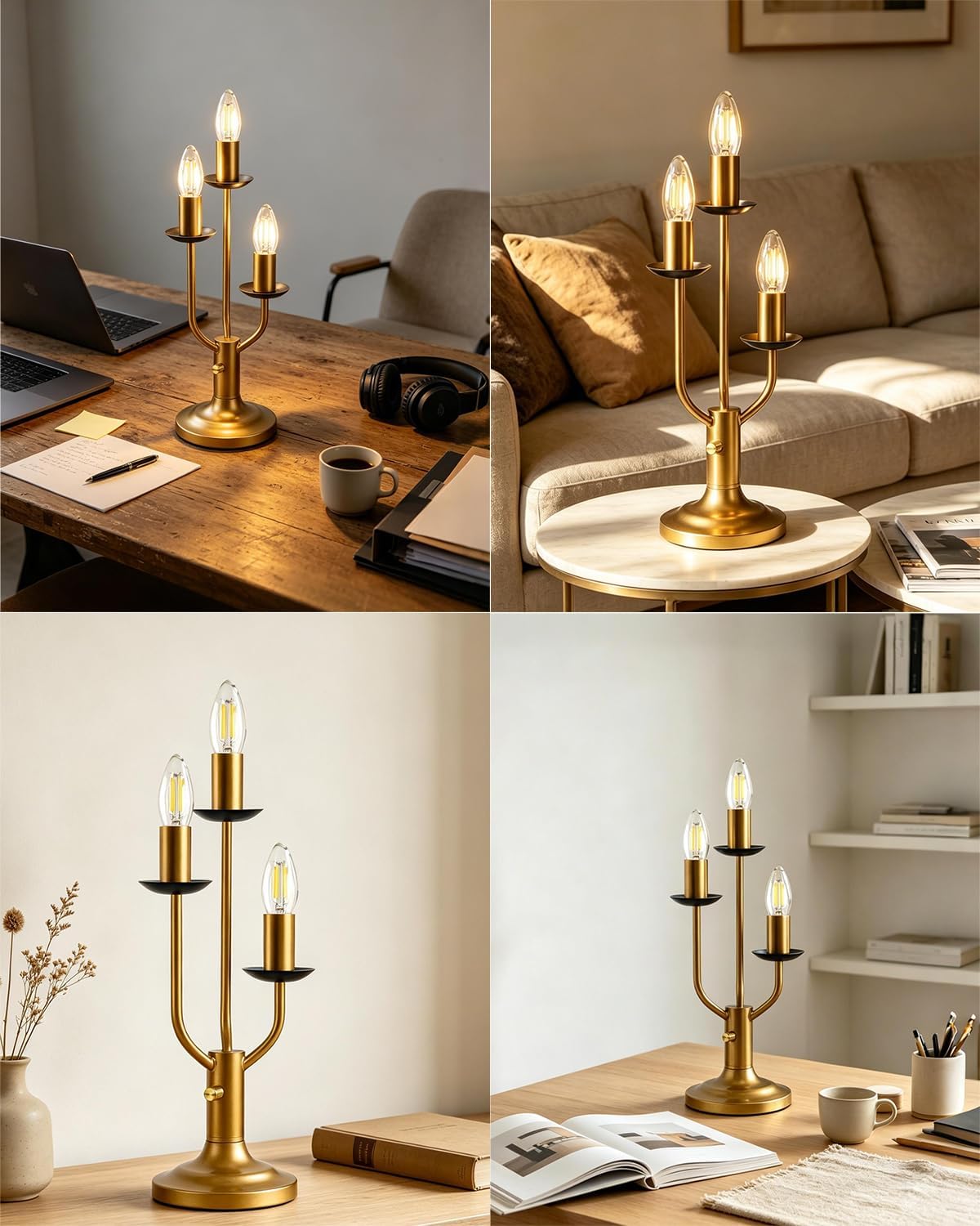 Lightdot Vintage Candelabra Table Lamp Dimmable Gold Lamp 3 Bulbs Included