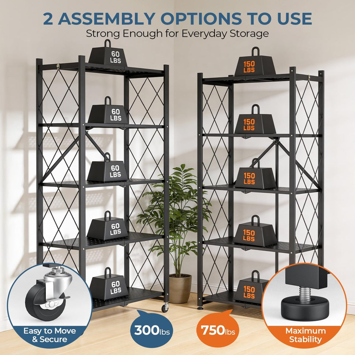 5-tier folding metal storage rack - 63" heavy-duty, package contents