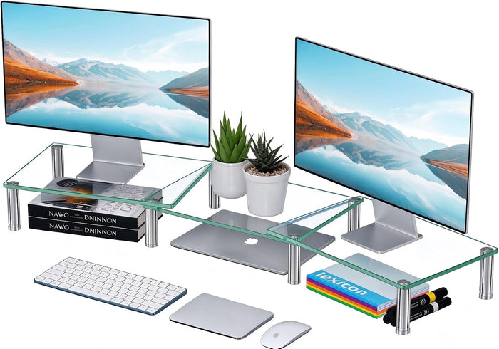 Simple Trending Glass Dual Monitor Stand, Adjustable Length/Height, Clear