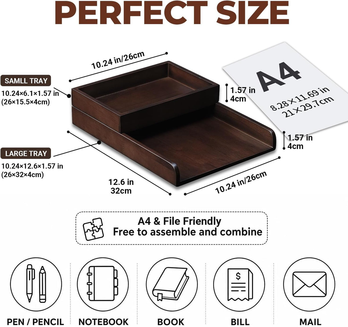 Wood 2-Tier Letter Tray, Stackable Detachable Paper Tray Desk Organizer