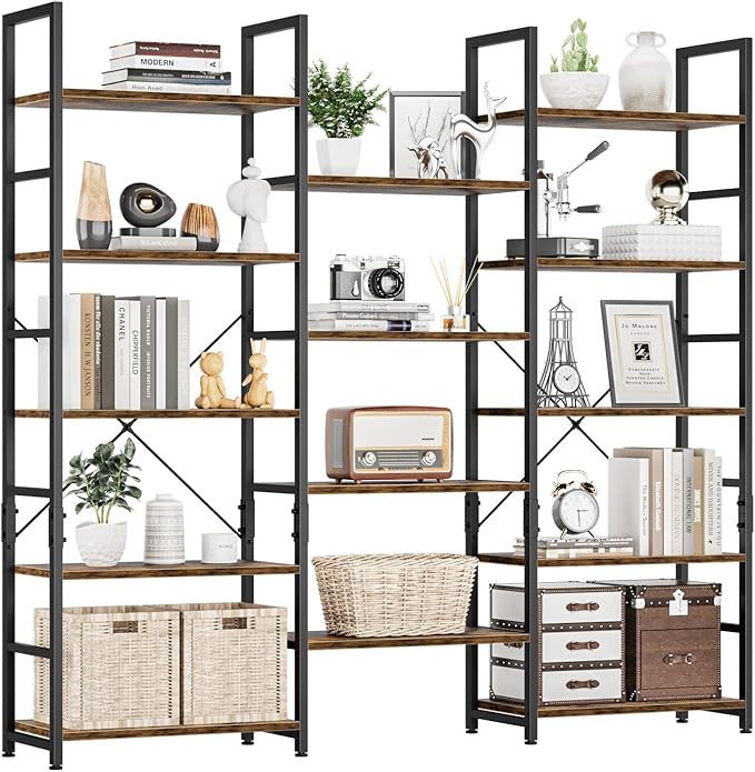NUMENN Triple Wide 5 Tier Bookshelf, Rustic Industrial Style Bookcases by NUMENN