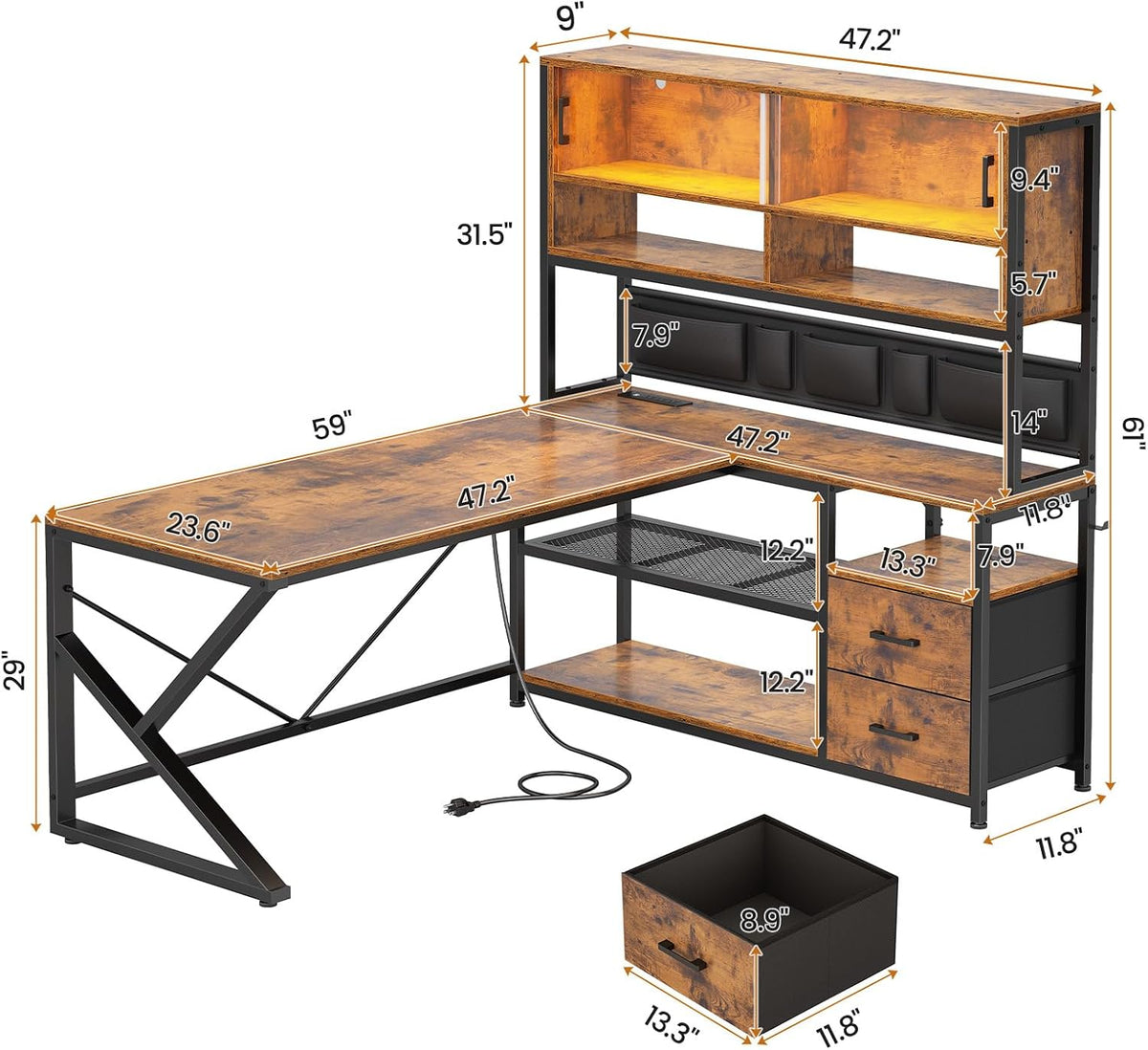 SEDETA L Shaped Office Desk with Storage Shelves, 2 Drawer, LED Light
