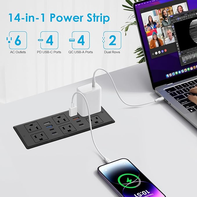 Recessed Power Strip with PD 30W Fast Charging, Conference Desk Flush Mount - Image 2