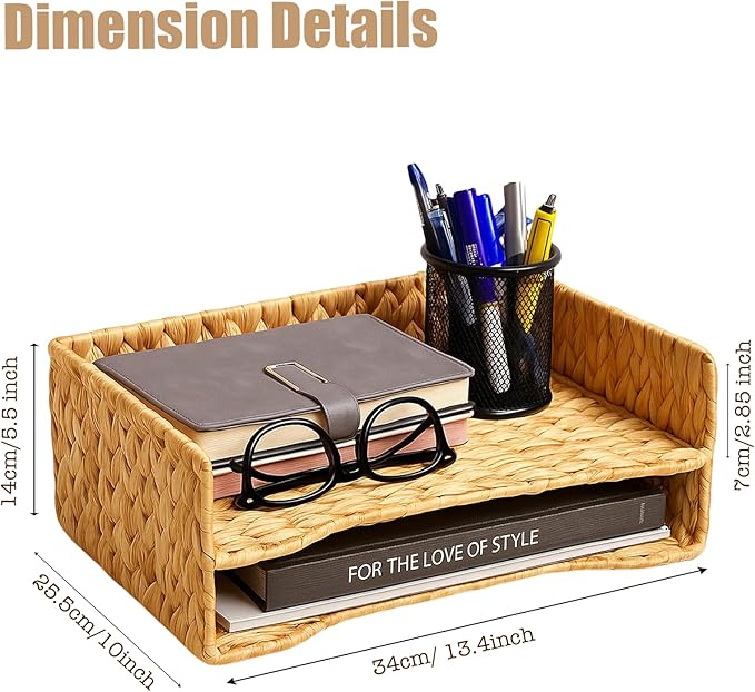 PINXIURY 2-Tier Water Hyacinth Letter Tray – Woven Paper & Mail Organizer - Image 2