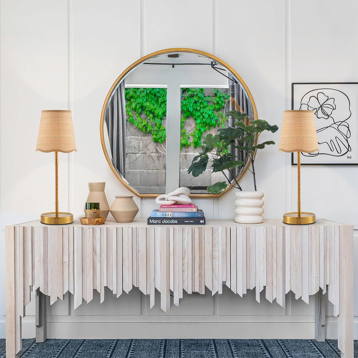 Boho Hand Woven Rattan Table Lamp Natural Wicker Desk Lamp Brass Table Lights...