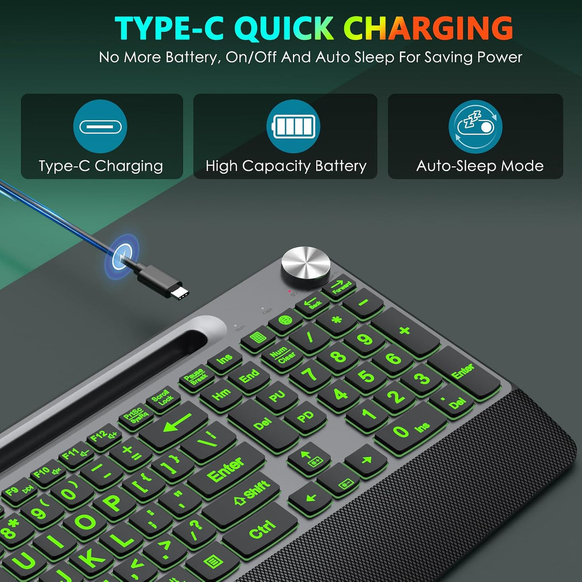 JOYACCESS Large Print Backlit Wireless Keyboard with Phone Holder，Wrist Rest ...