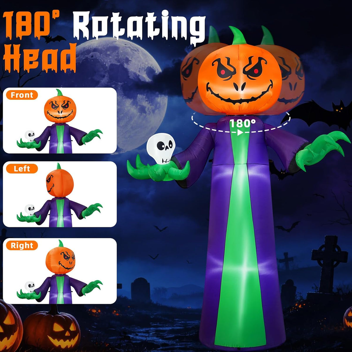 Halloween Inflatables 8FT Giant Pumpkin Monster with 180° Rotating Head &...