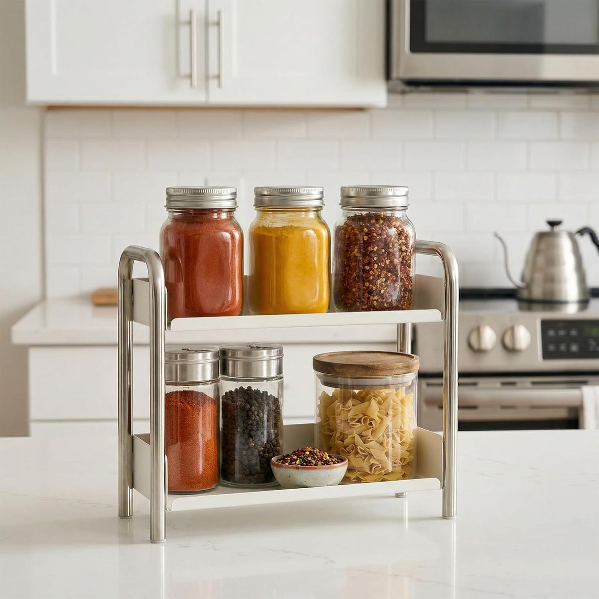 MOZIMABOX Cabinet Organizer Shelf, 2 Tier Kitchen Spice Rack Countertop Shelf...