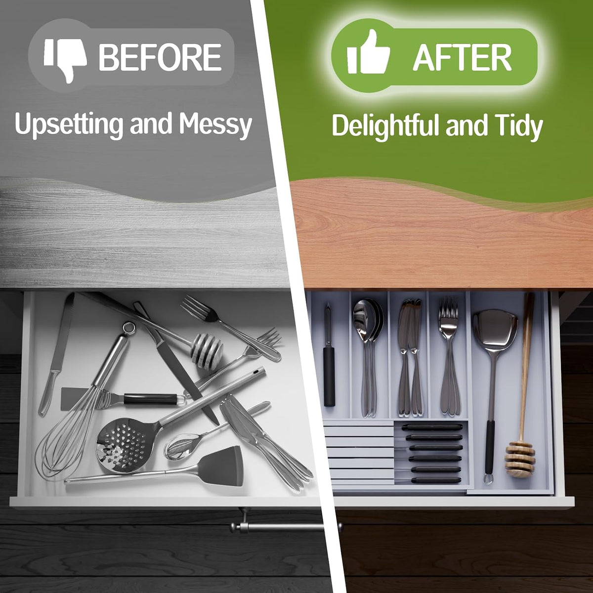 Bamboo Kitchen Silverware Drawer Organizer - Expandable Wood Utensil Holder w...