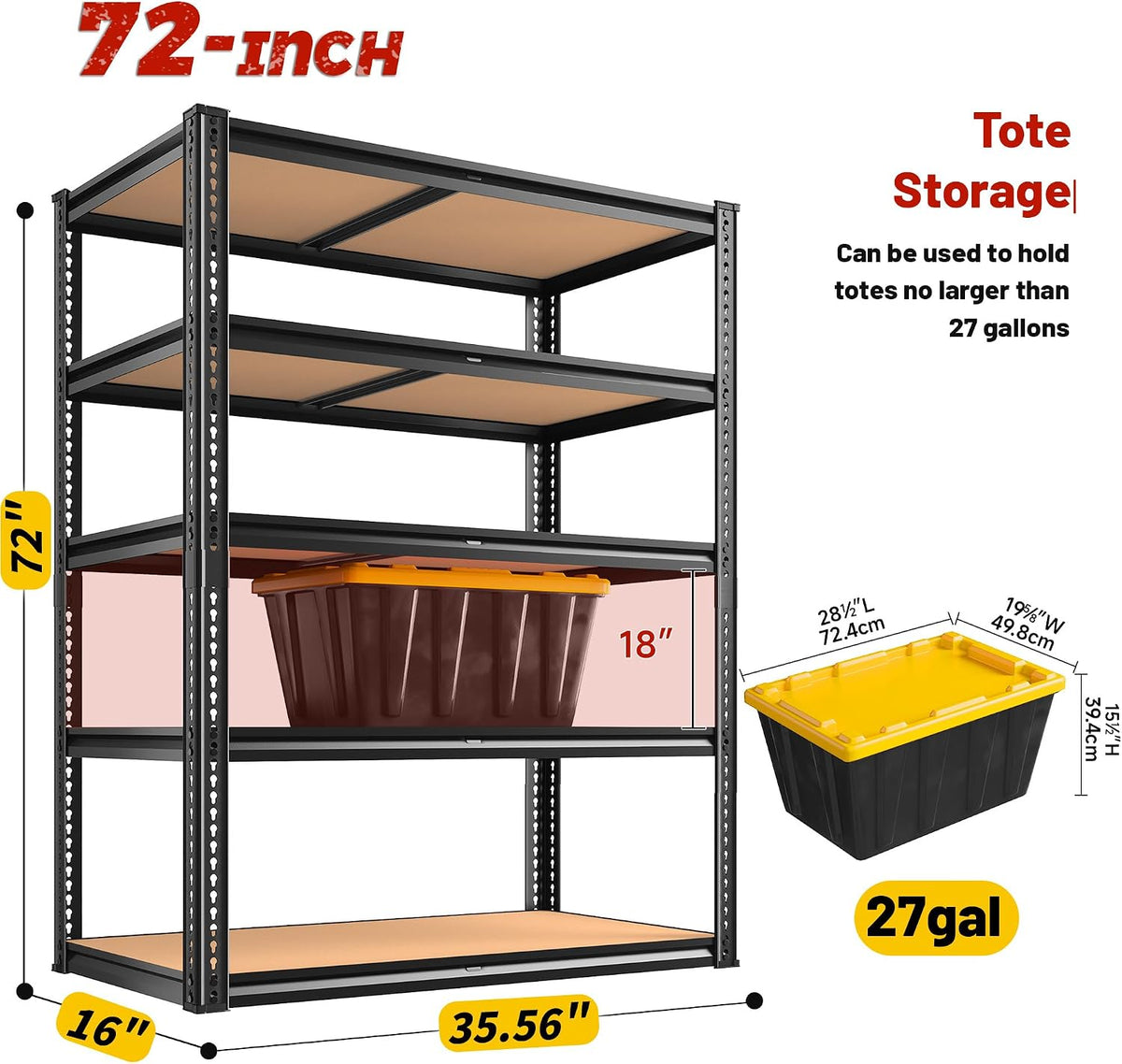 roomfave garage shelving heavy duty, 5 tier,72" h, close-up detail