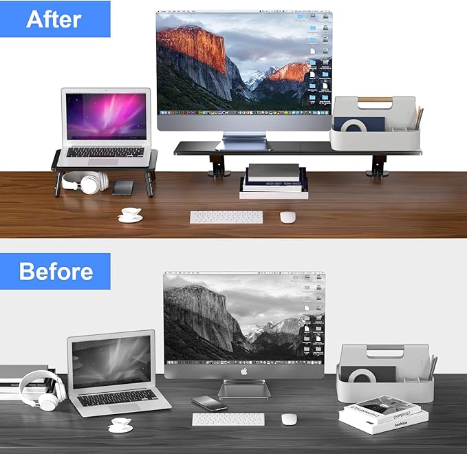 suptek Clamp-on 32 Inch Dual Monitor Desk Mount Riser Shelf Computer Stands - Image 5