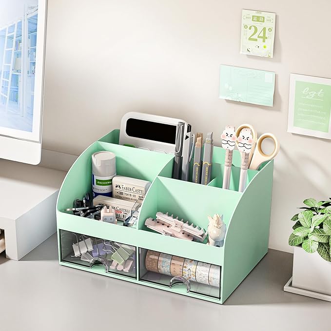 COMFYROOM Desk Organizer with 6 Compartments and 2 Drawers, Plastic Makeup - Image 2