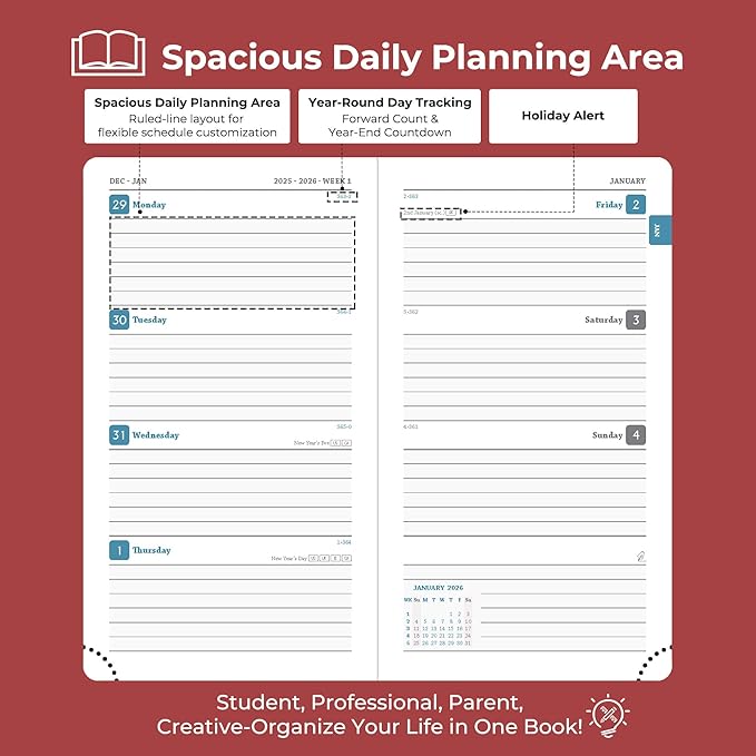 IN-LUXPRO Planner 2026 Daily Weekly and Monthly, 6.5"x3.75", 12 Months Spiral - Image 3