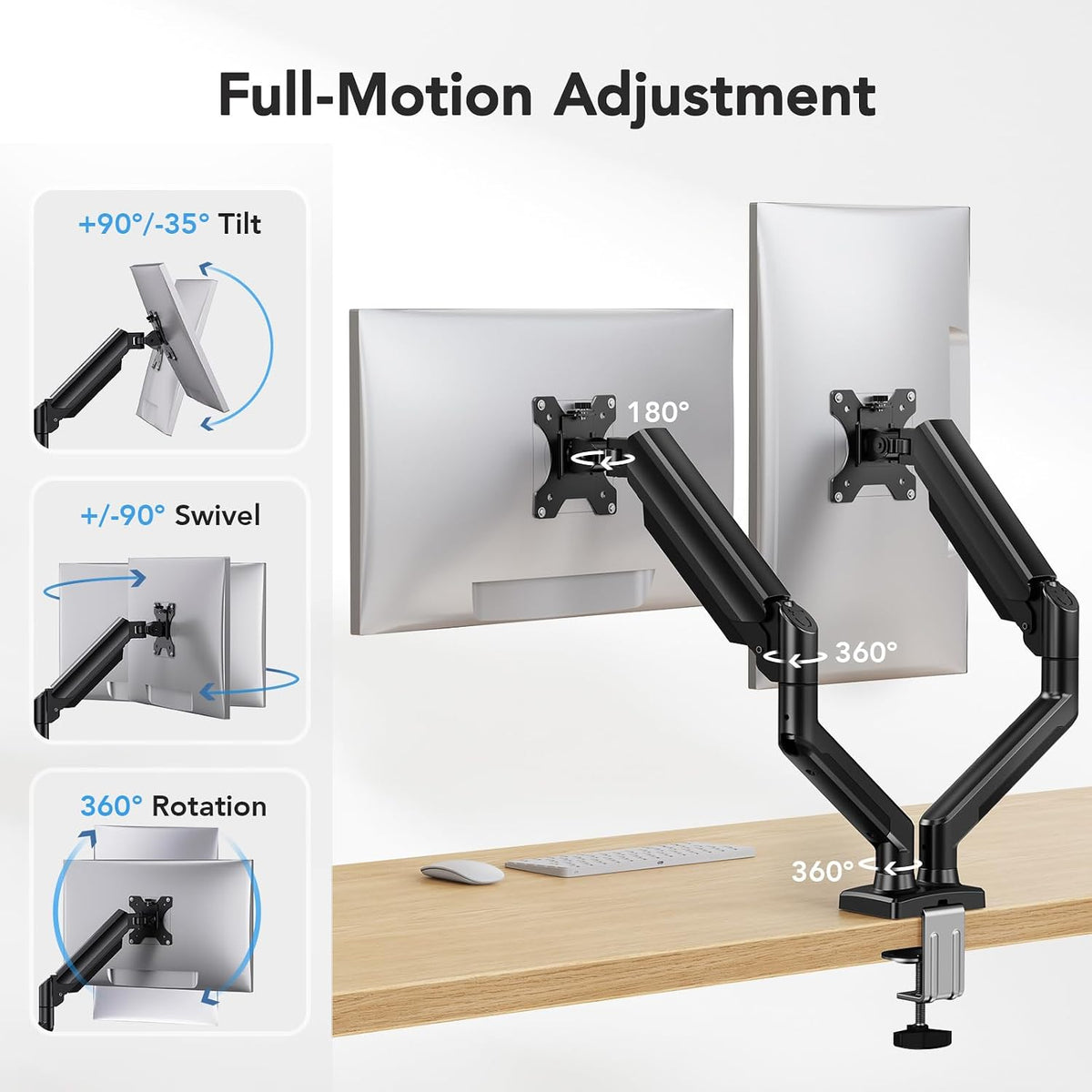 huanuo dual monitor mount for 2 monitors up, close-up detail