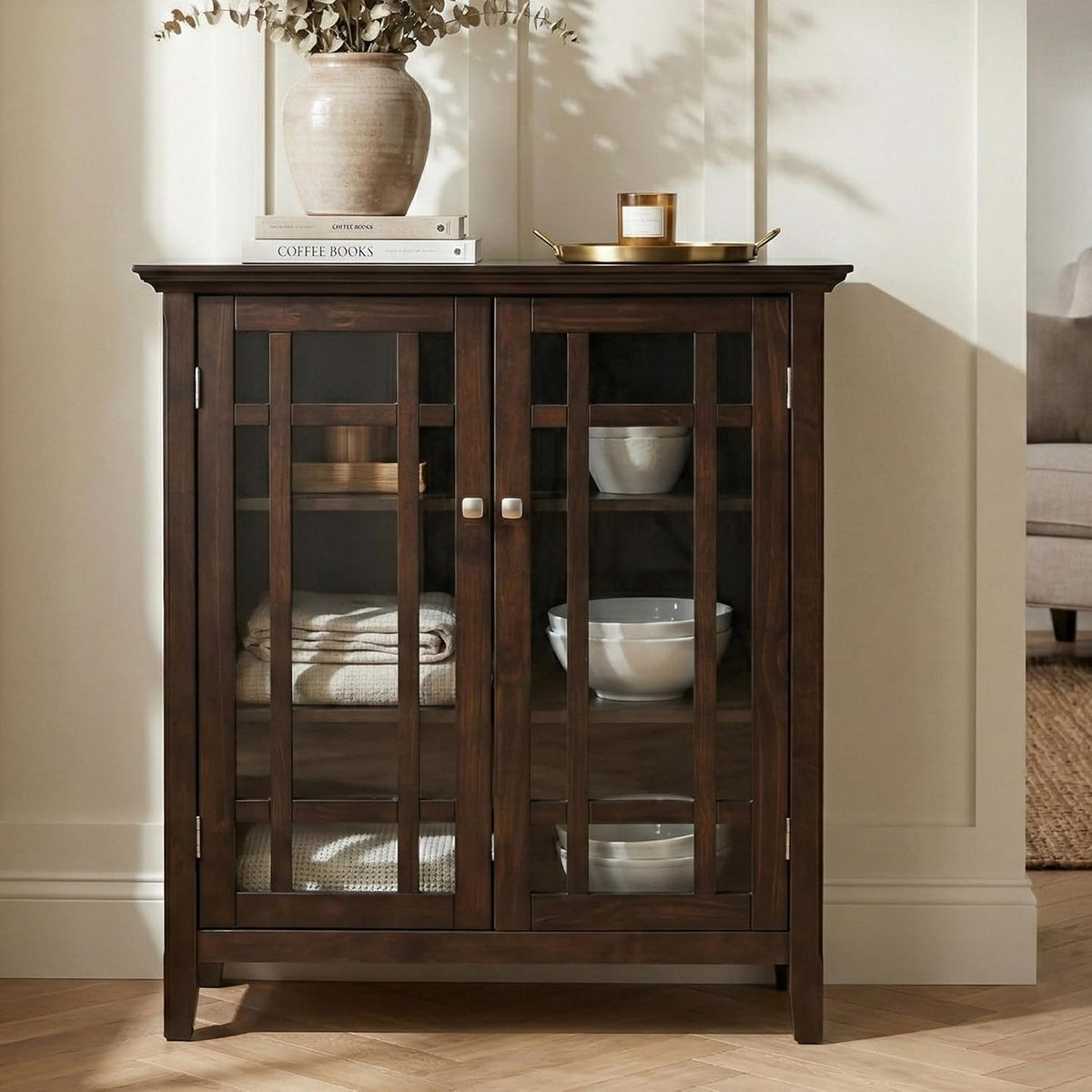 SIMPLIHOME Bedford 39" Wide Solid Wood Cabinet in Brunette Brown
