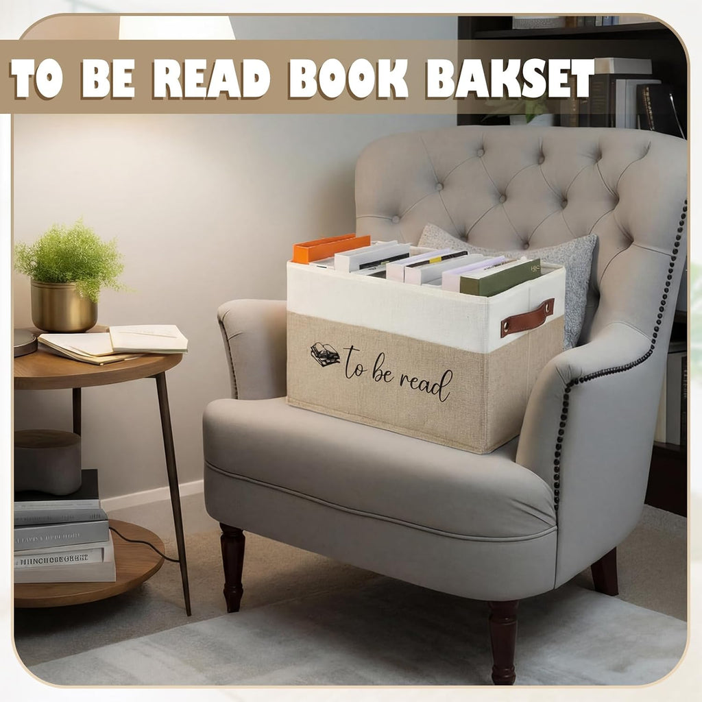 Marsui 1 Pcs Book Lover Gifts TBR Book Storage Basket with Lids,Camel | To Be Read Storage Bin, Linen with Leather Handles, Organizer for Paperback Novels, Bookish Gifts for Club Readers Teachers