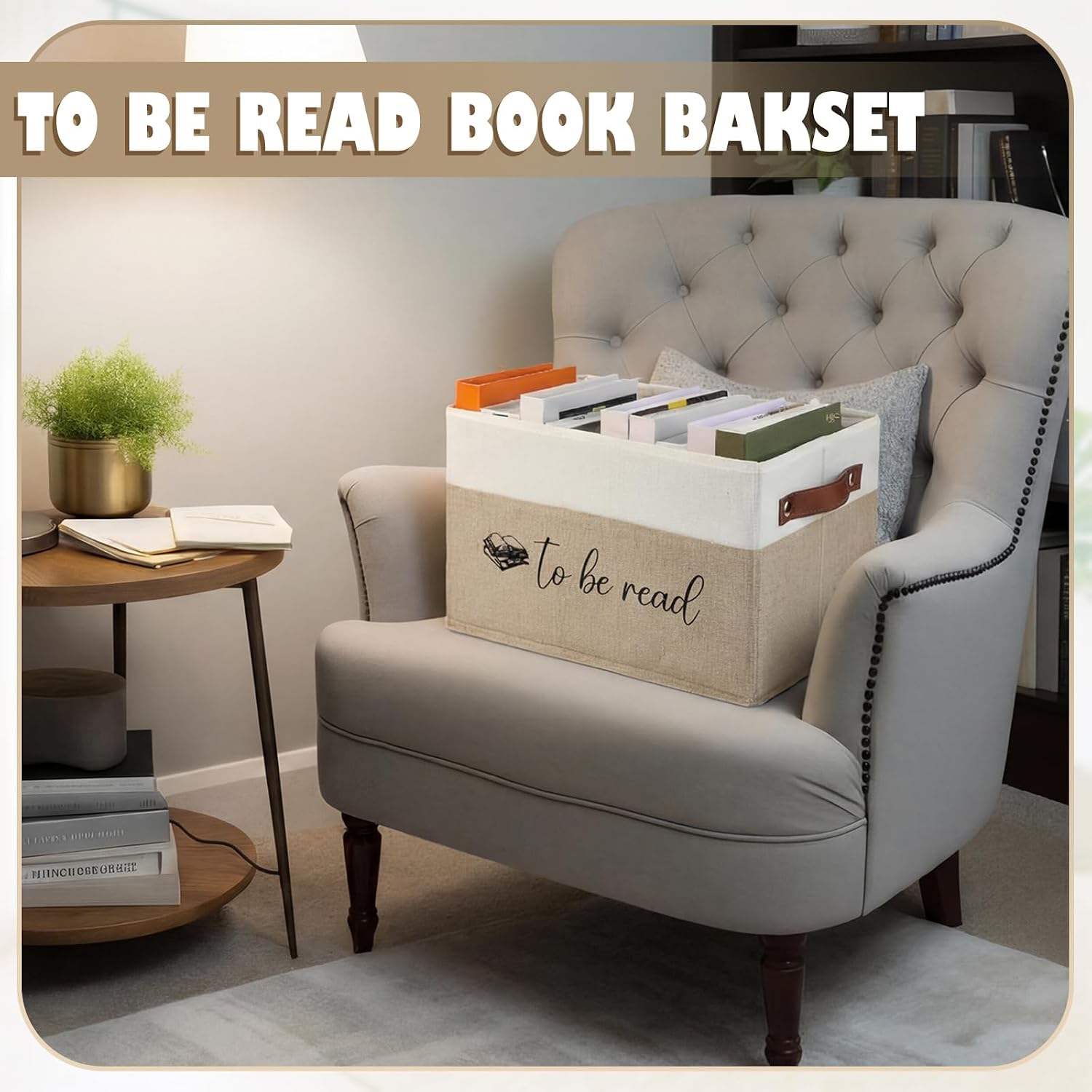 Marsui 1 Pcs Book Lover Gifts TBR Book Storage Basket with Lids,Camel | To Be Read Storage Bin, Linen with Leather Handles, Organizer for Paperback Novels, Bookish Gifts for Club Readers Teachers