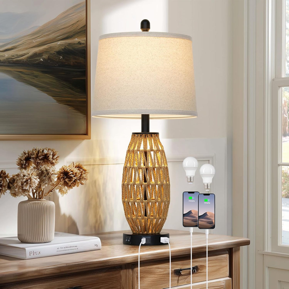27" Boho Rattan Table Lamp Single, Wicker Bedroom Lamp with Night Light,...