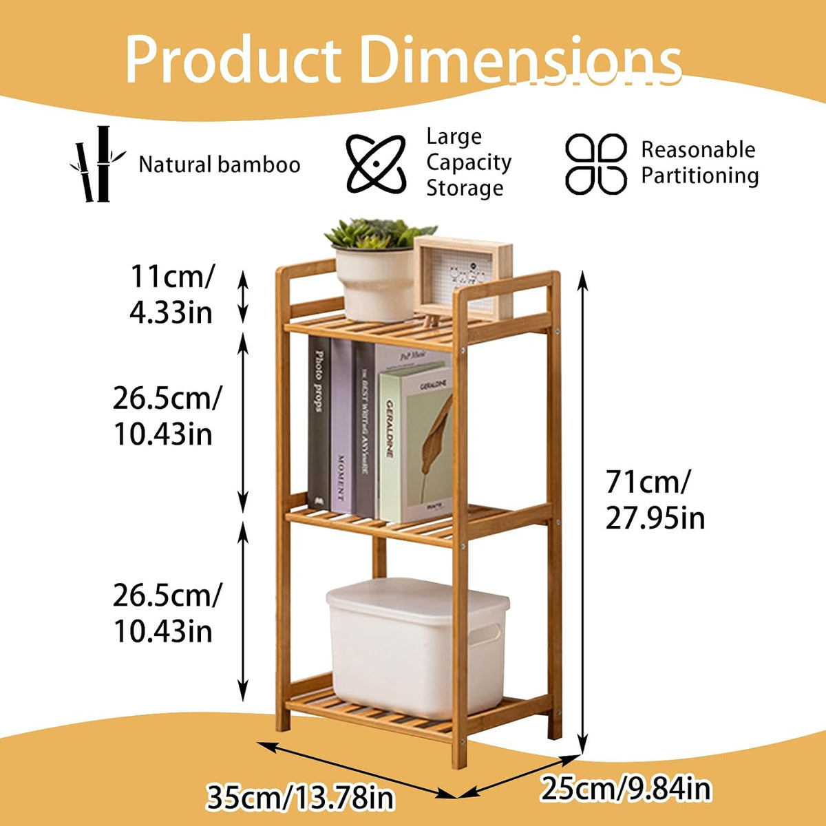Bamboo Shelf, 3-Tier Bookcase Storage Shelves, Small Book Rack Shelving Unit,...
