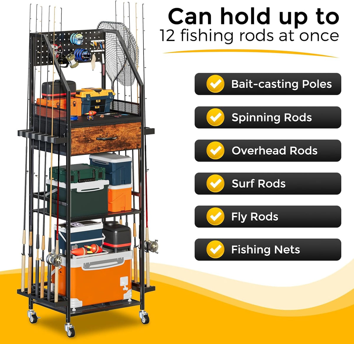 Fishing Rod Holder Organizer with Fabric Drawer & Pegboard