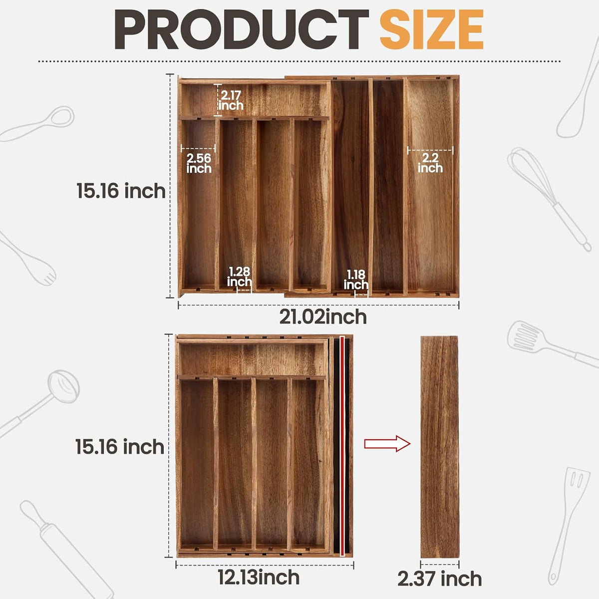 Acacia Wood Silverware Drawer Organizer, 21 Inch Adjustable Cutlery Tray for ...