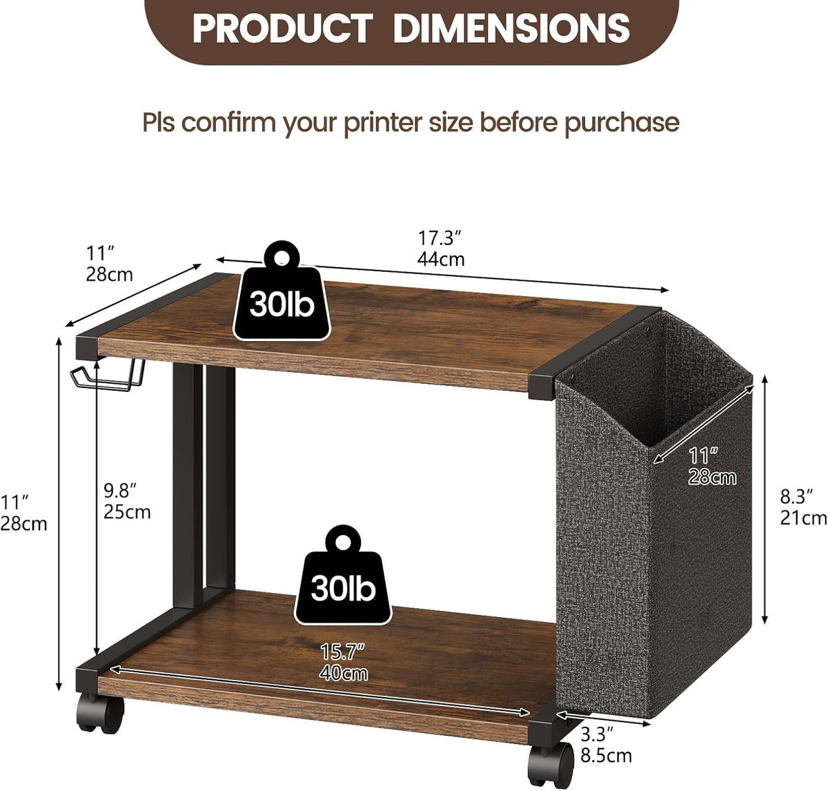 VEDECASA 2 Tier Rustic Brown Wooden Under Desk Printer Stand with Storage Bag...
