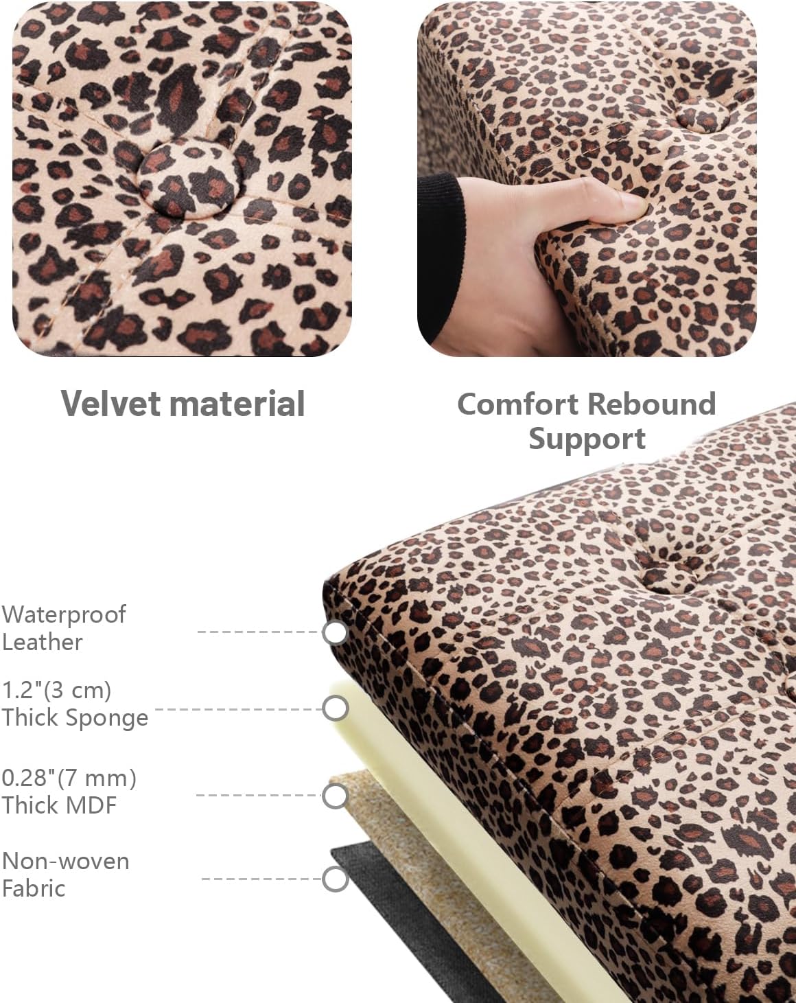 AmasSmile Footrest Ottoman Storage Bench,34" Velvet Folding Chest,Leopard