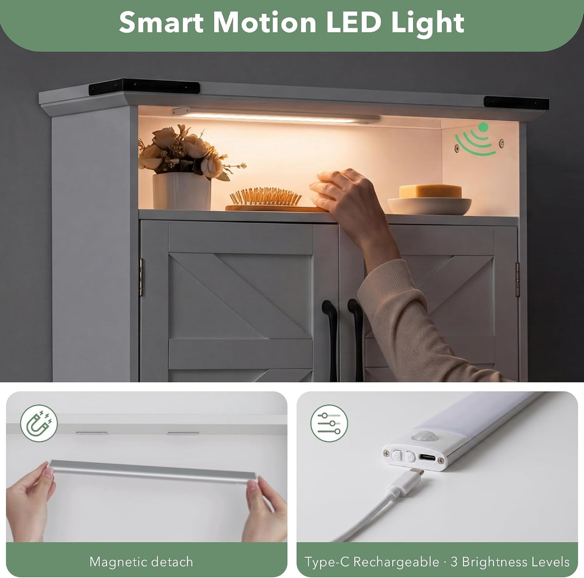 Bathroom Wall Cabinet with Motion LED Light, 23 x 25 Inch, White