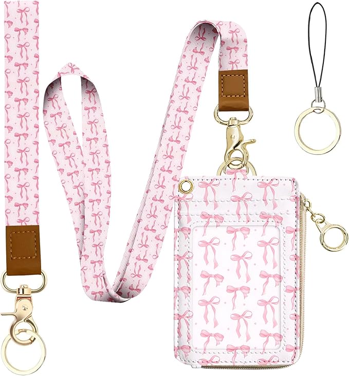 bolimoss Cute Pink Bow Lanyard Wallet, 2-in-1 ID Badge Holder & Leather Credit by BOLIMOSS