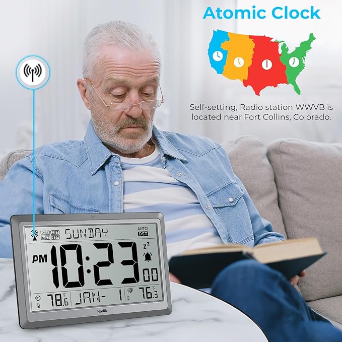 Wall Clock Atomic with Indoor Outdoor Temperature Battery Powered, Easy Reading - Image 2