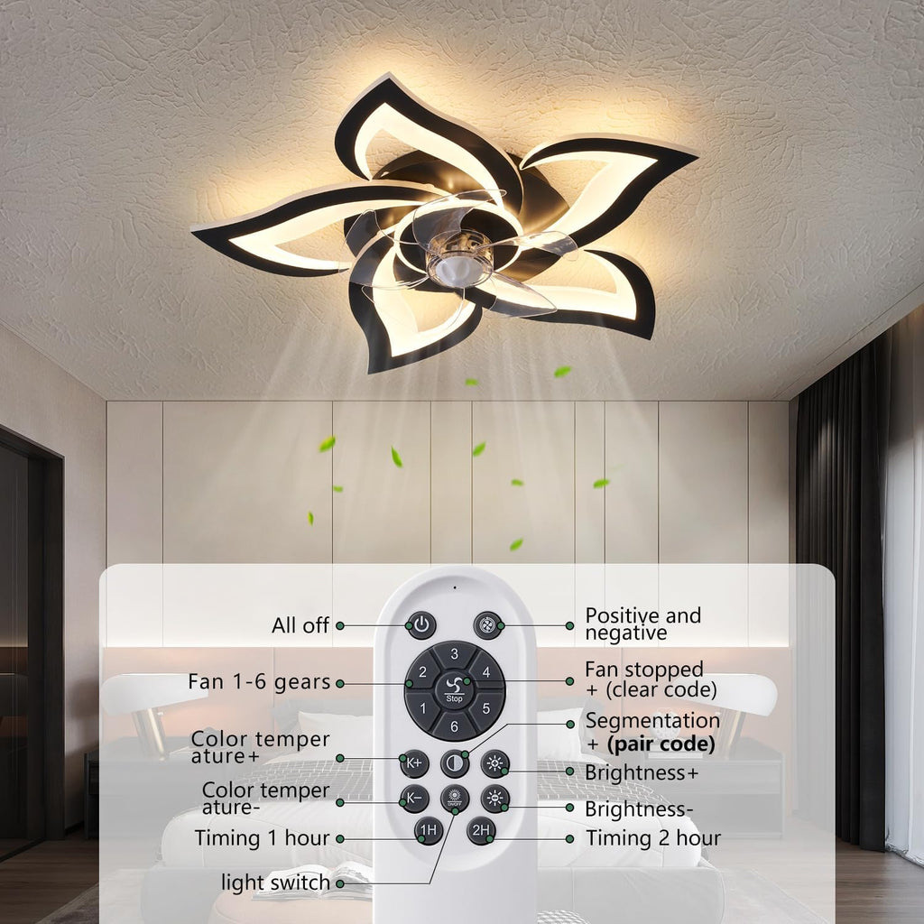 dalouguan 24" black flower ceiling fan with lights, side view