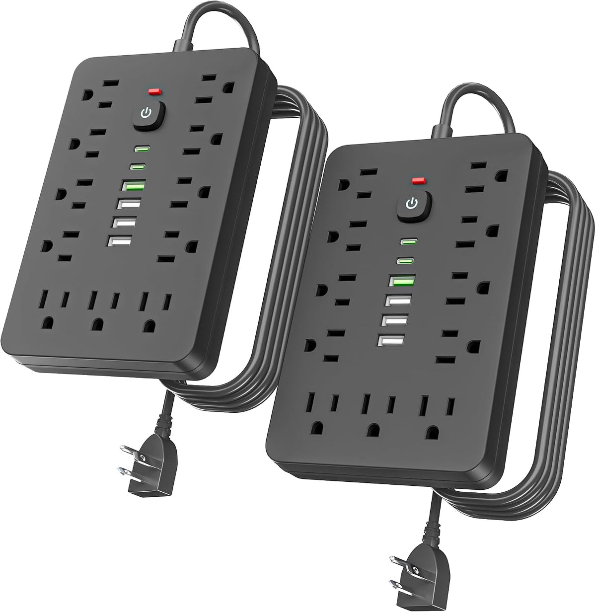 JouleLoom 2PCS 6 FT Flat Plug Surge Protector Power Strip, 11 Multiple AC