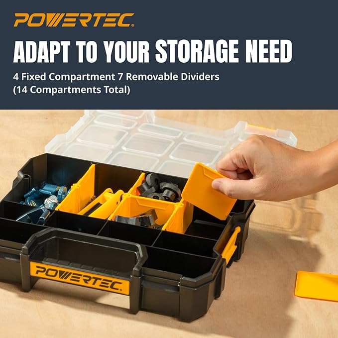 POWERTEC Small Parts Organizer & Tool Box – 14 Compartments, Stackable Storage - Image 3
