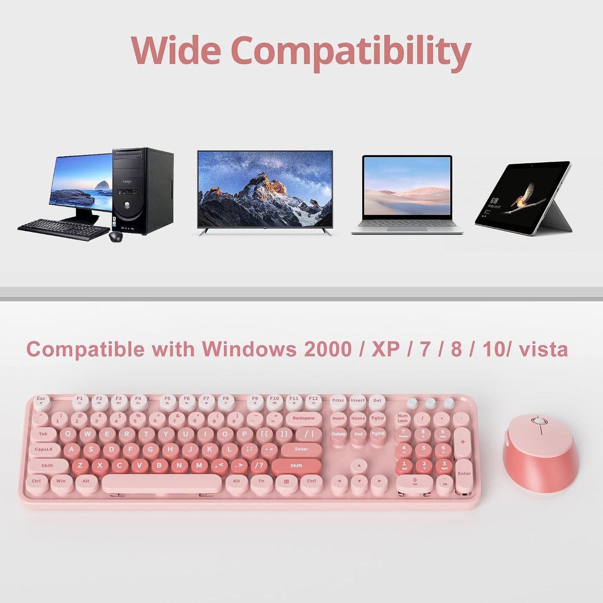 Fogruaden Pink Retro Typewriter Keyboard and Mouse Wireless, 2.4GHz Office Fu...