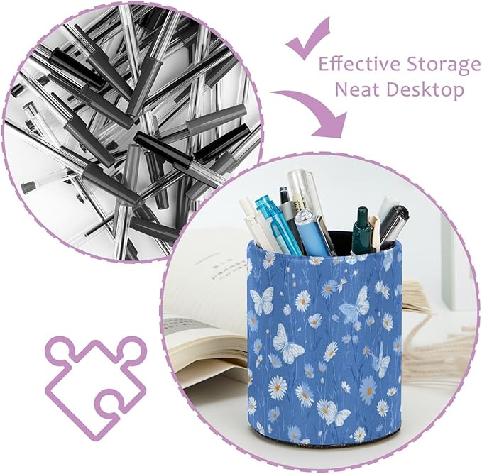 Leather Pen Holder for Desk Blue Butterfly Daisy Pencil Cup Desktop Organizer - Image 4