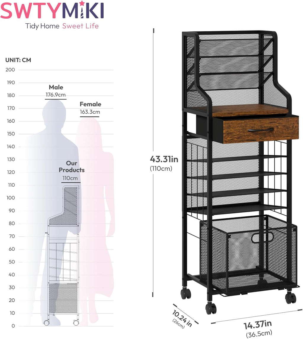 SWTYMIKI 10-Tier Rolling File Cart - Mesh Paper Organizer with Drawer & Hanging File Folders on Lockable Wheels, Rolling File Cabinet for Office Organization, Storage in Home, Studio, School, Espresso