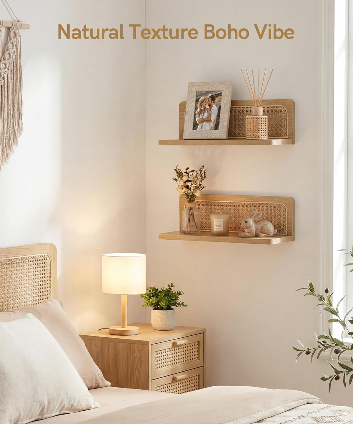 Rattan Wall Shelf, Boho Wood Floating Shelves, 16 Inch