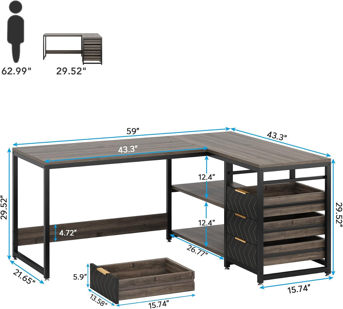 Tribesigns L Shaped Computer Desk with Storage Drawers, 59 inch Corner Desk w...