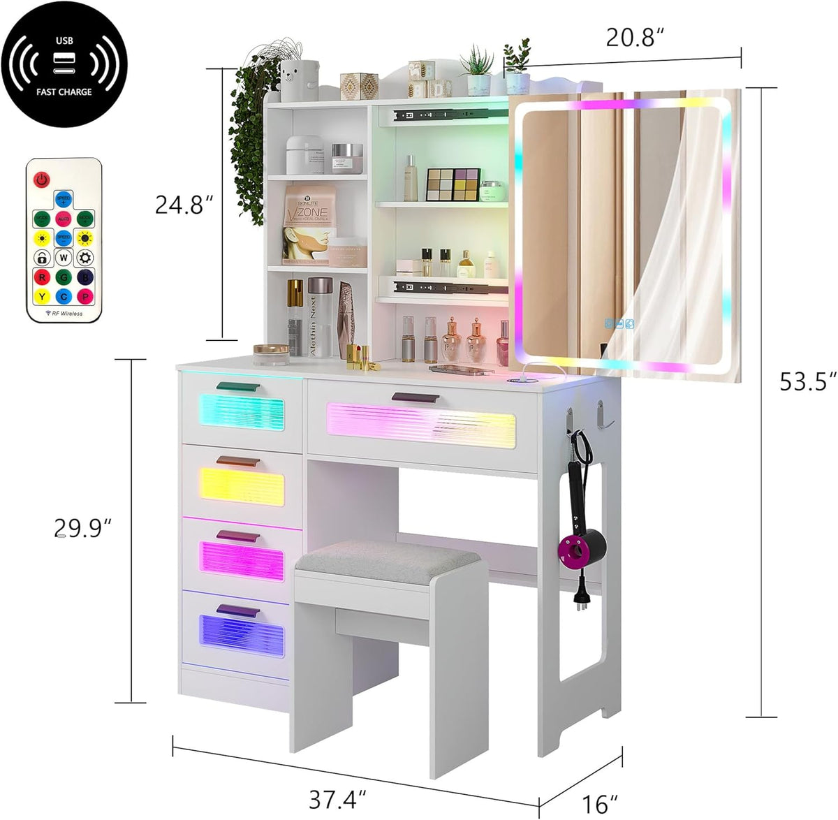 HNEBC Makeup Vanity Desk with Sliding Lighted LED Mirror&USB Port,White