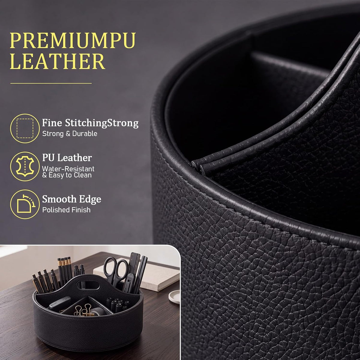 Aesthetic PU Leather Rotating Desk Storage Organizer, Black