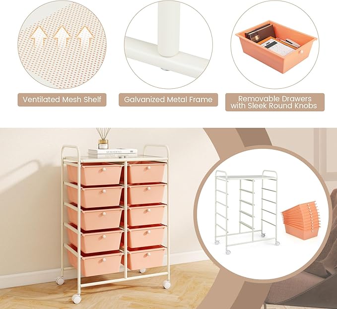 LDAILY 10 Drawer Rolling Cart, Storage Cart Organizer on Wheels, Drawer Cart - Image 7