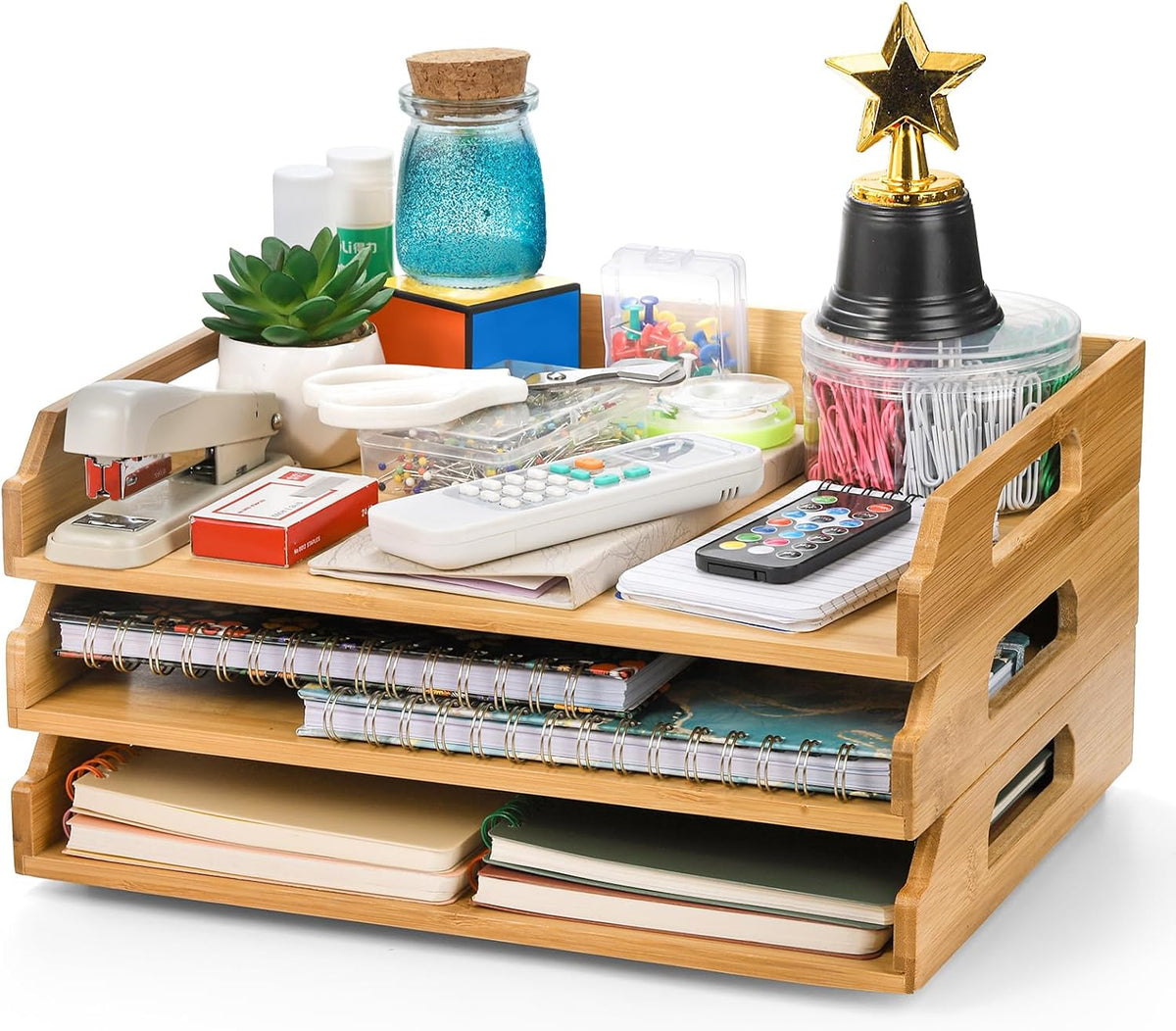 Okllen 3 Pack Stackable Paper Trays, Bamboo Desk Letter Tray Set, 3 Tier File...