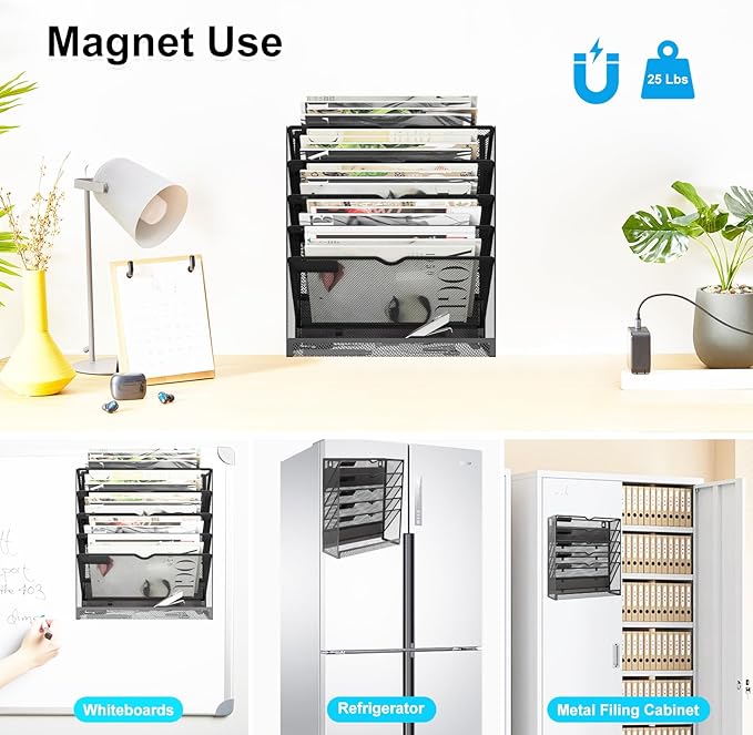 KZWKRG 6 Tier Magnetic File Holder, Large Capacity Mesh Hanging Wall Organizer - Image 6