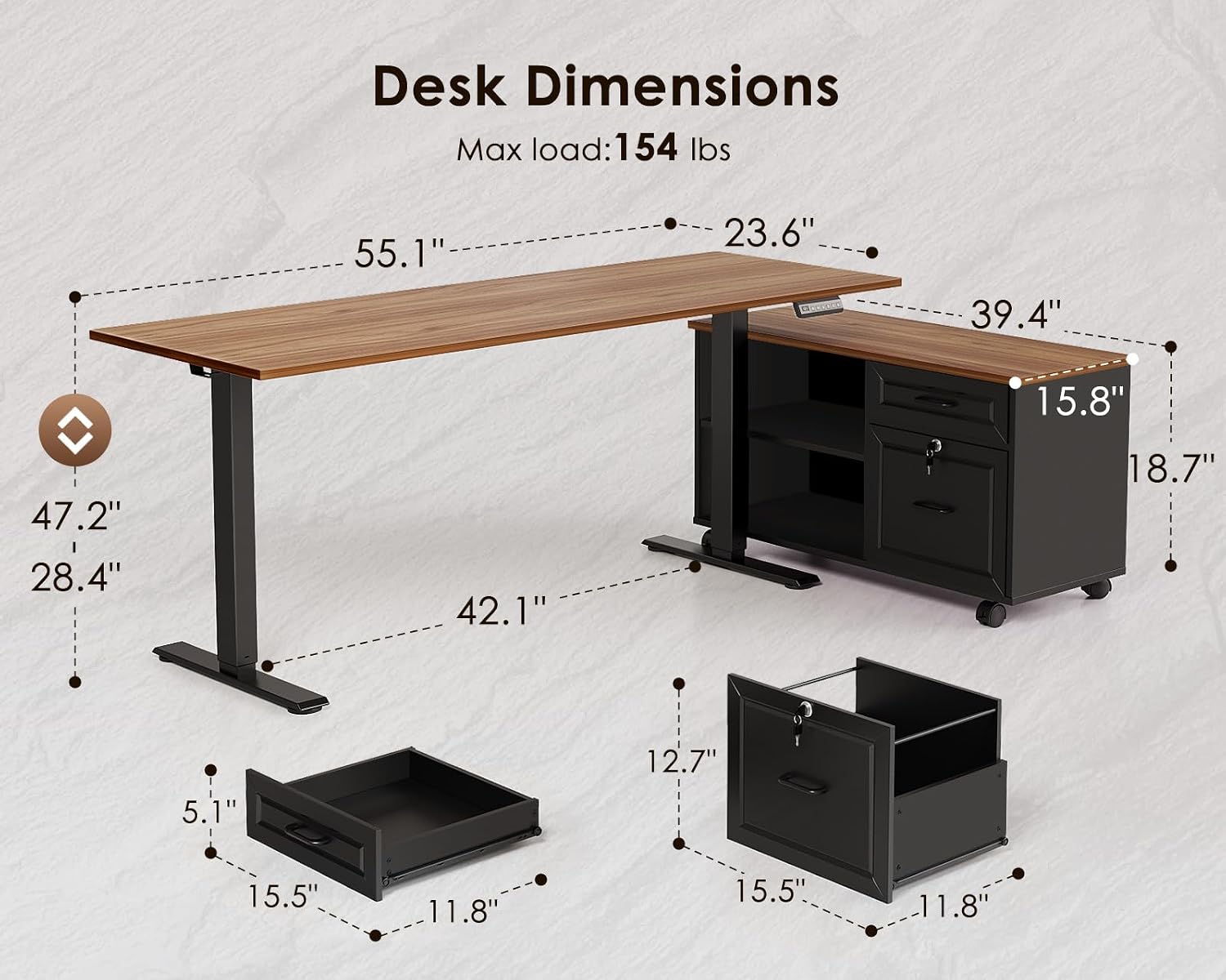 55" L Shaped Electric Standing Desk with Cabinet Sets, Walnut/Black | Mobile Drawers & File Cabinet Sets for Flexible Layout, Height Adjustable Executive Stand Up Desk for Home Office Workstation