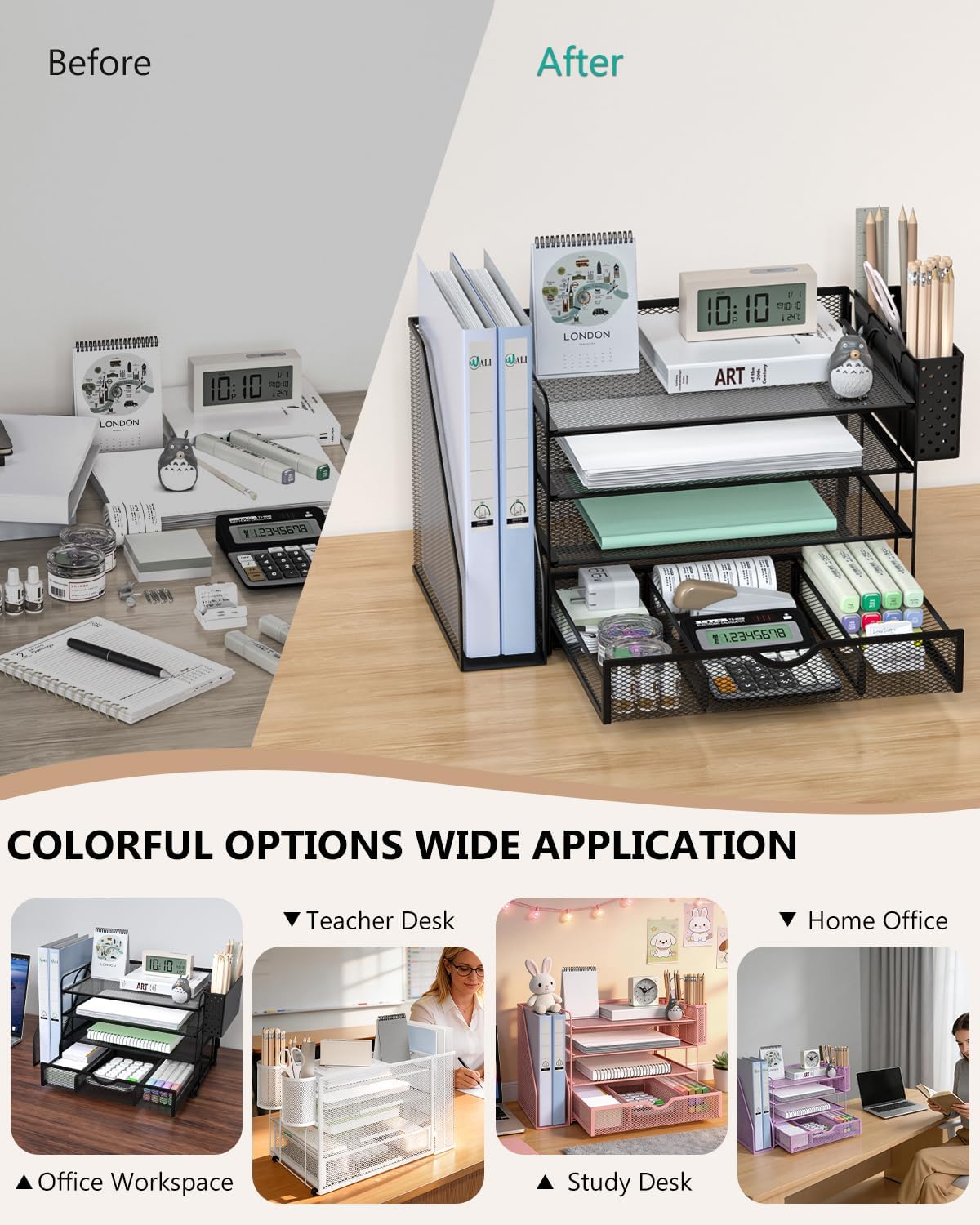 WALI Desk File Organizer, 4 Tier Desktop Paper Letter Tray Organizer with Dra...