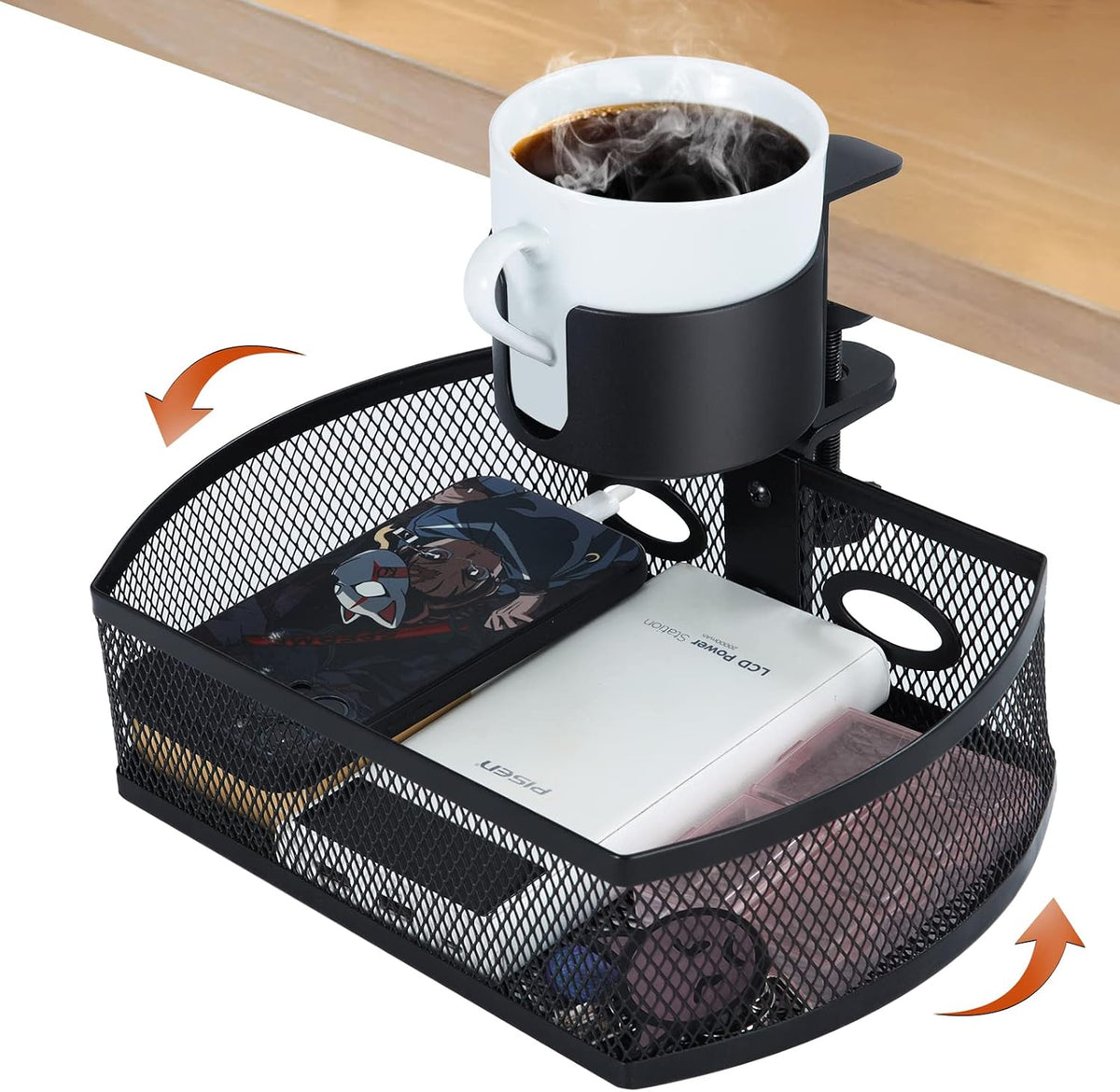 MASTLU Under Desk Organizer,Cup Holder,Table Management Tray, Swivel Pencil D...